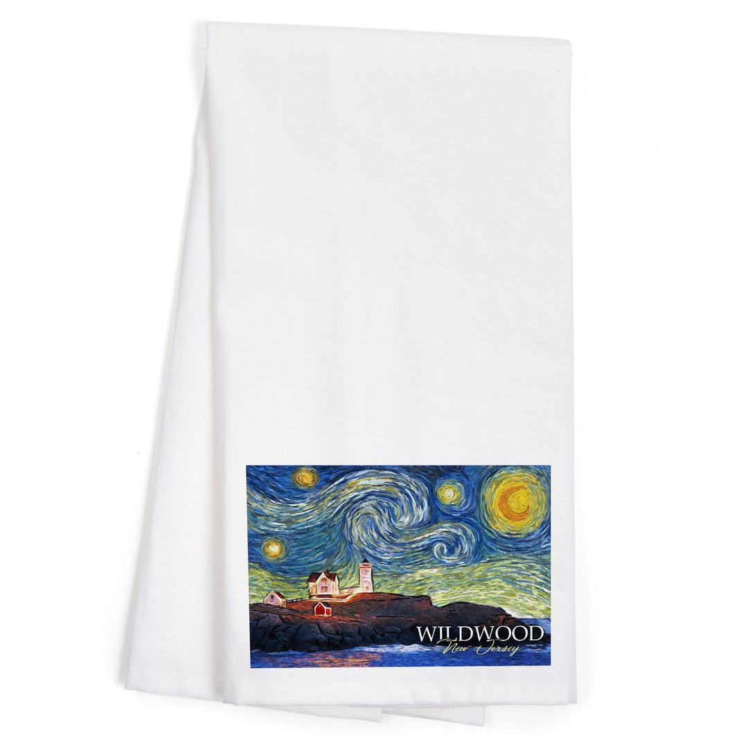 Wildwood, New Jersey, East Coast Lighthouse, Starry Night, Organic Cotton Kitchen Tea Towels