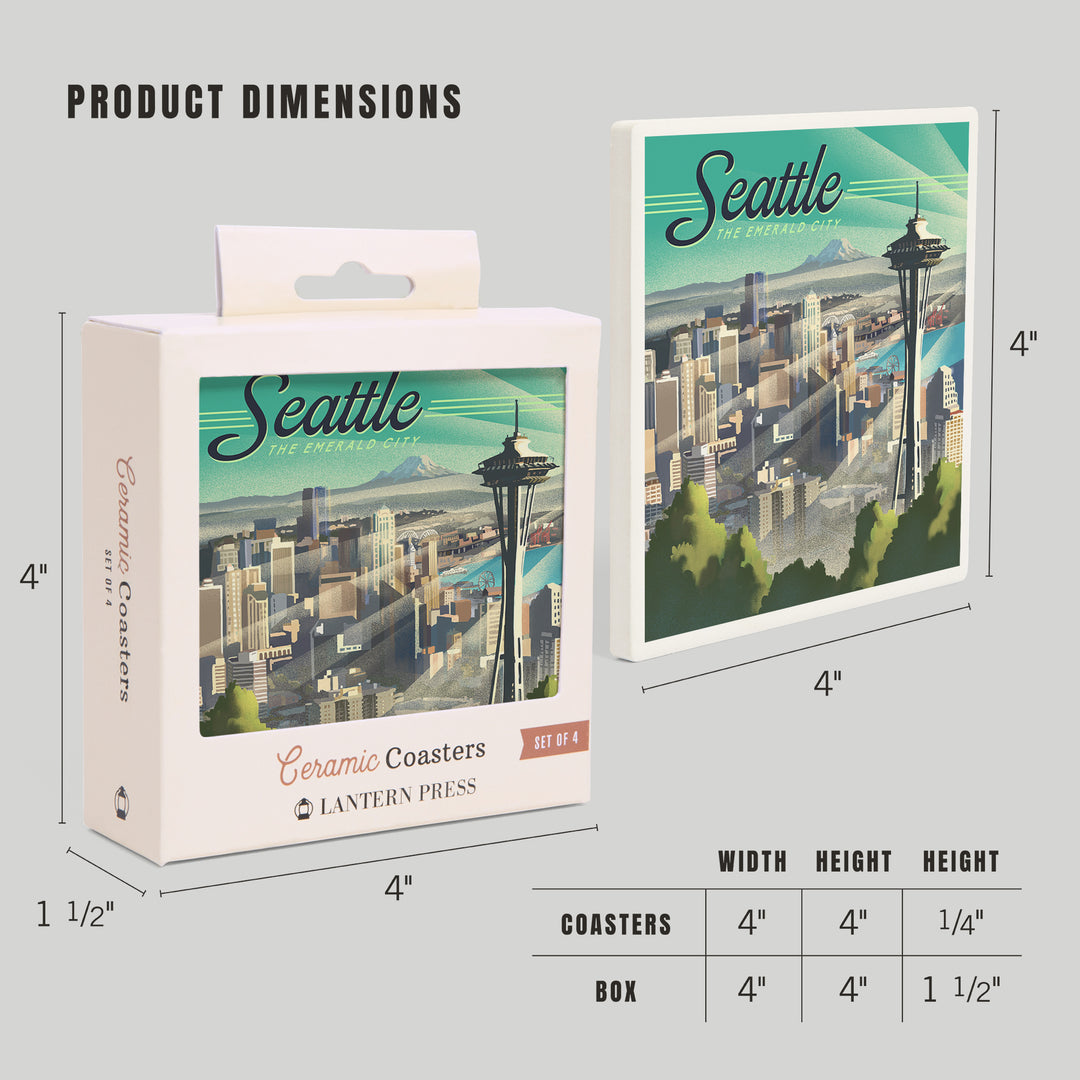 Seattle, Washington, Skyline, Lithograph, Coasters