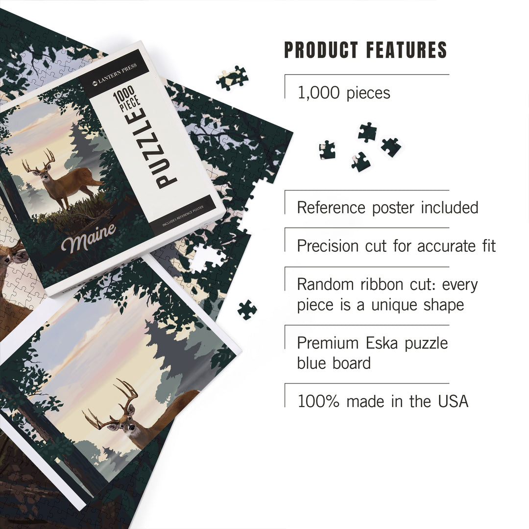 Maine, Painterly, Deer and Sunrise, 1000 Piece Jigsaw Puzzle