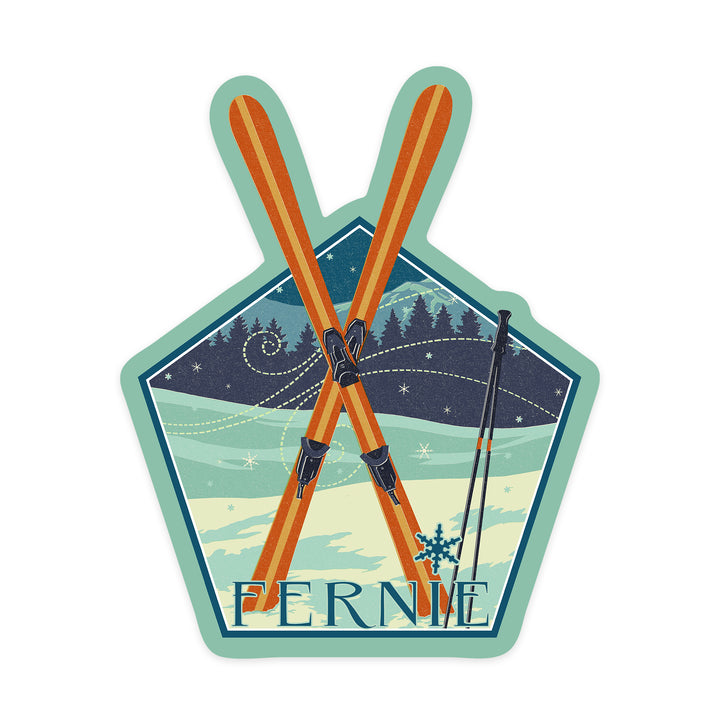 Fernie, Canada, Crossed Skis, Letterpress, Contour, Vinyl Sticker