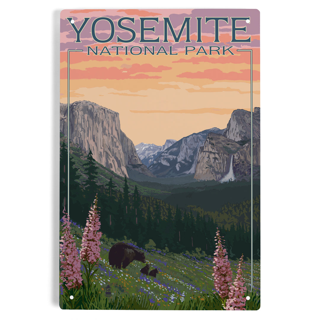 Yosemite National Park, California, Bear and Cubs with Flowers, Metal Signs