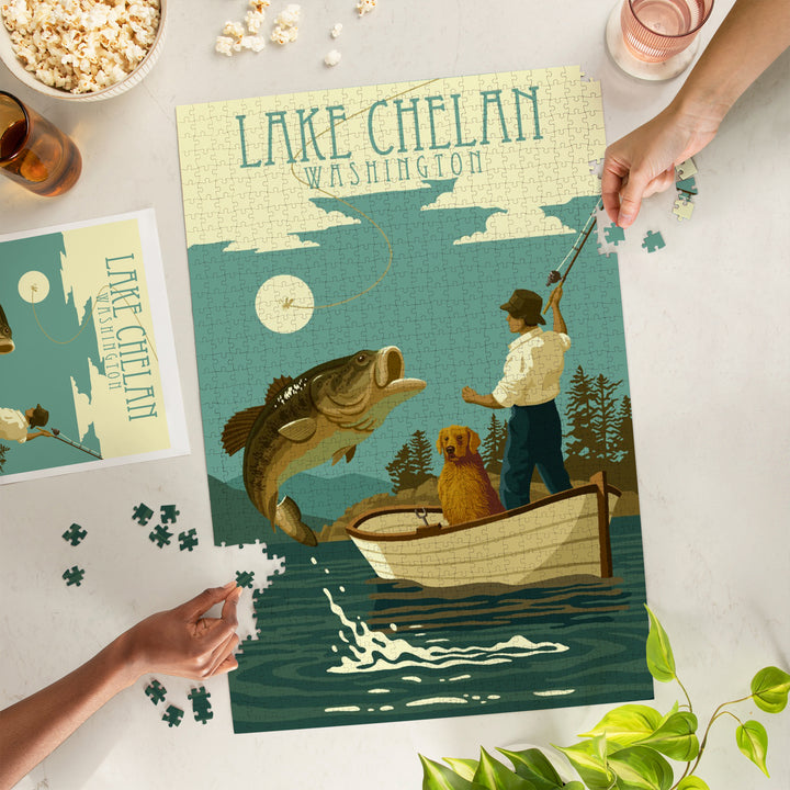 Lake Chelan, Washington, Fisherman and Dog, Jigsaw Puzzle