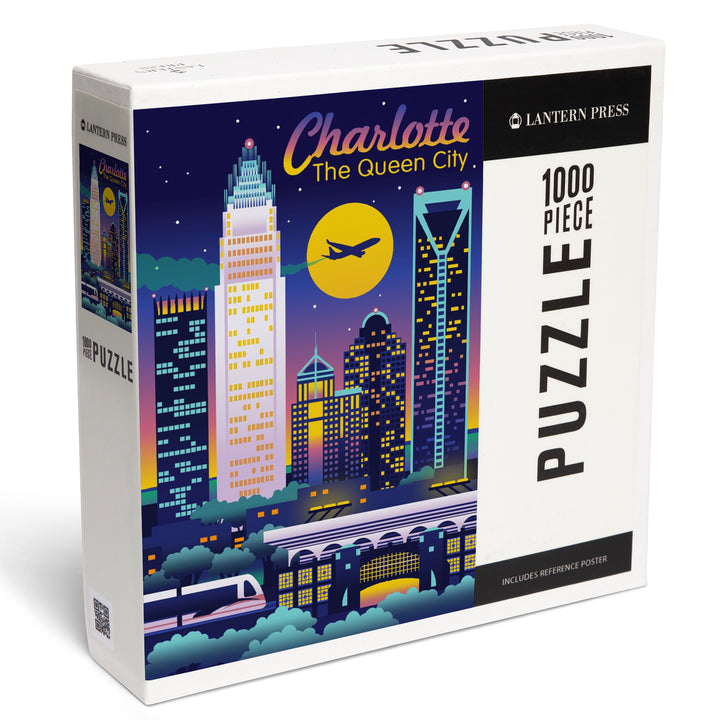 Charlotte, North Carolina, Retro Skyline Chromatic Series, 1000 Piece Jigsaw Puzzle