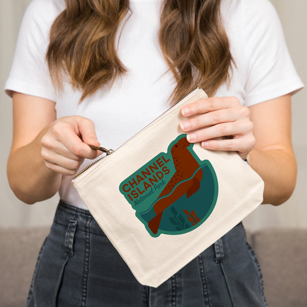 Channel Islands National Park, California, Elephant Seal, Geometric,, Organic Cotton Zipper Pouch, Go Bag Go Bag Lantern Press 