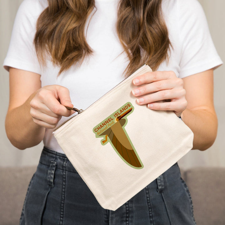 Channel Islands National Park, California, Pelican, Geometric,, Organic Cotton Zipper Pouch, Go Bag Go Bag Lantern Press 