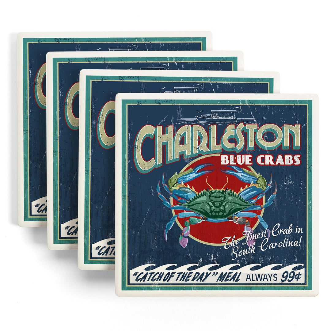 Charleston, South Carolina, Blue Crabs Vintage Sign, Coasters Coasters Lantern Press 