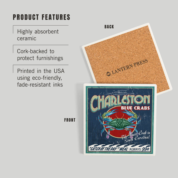 Charleston, South Carolina, Blue Crabs Vintage Sign, Coasters Coasters Lantern Press 