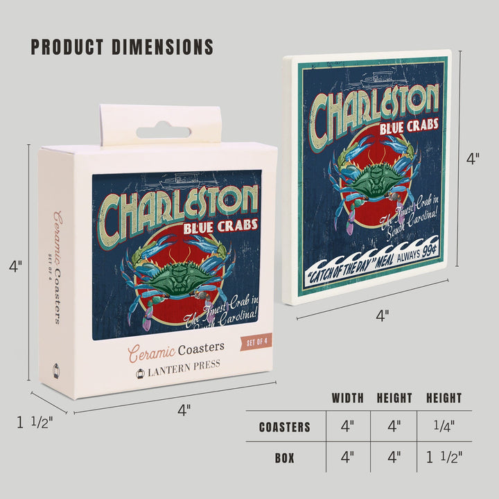 Charleston, South Carolina, Blue Crabs Vintage Sign, Coasters Coasters Lantern Press 