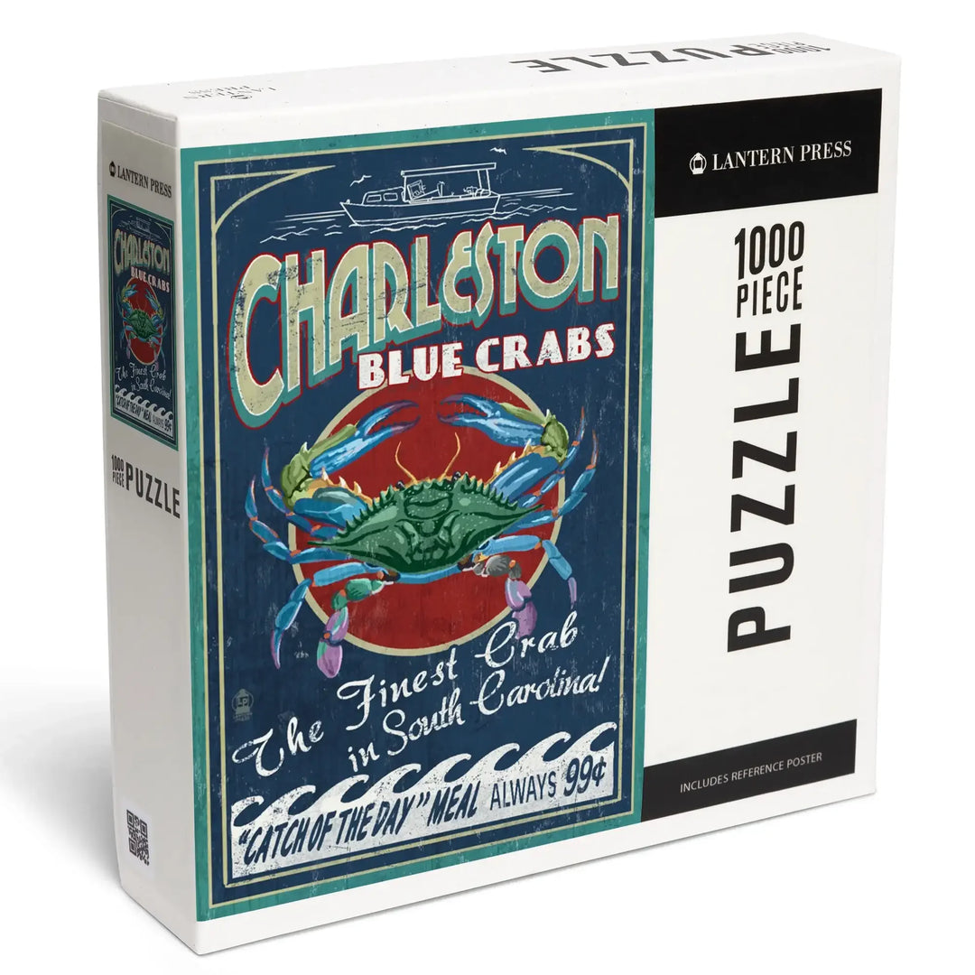 Charleston, South Carolina, Blue Crabs Vintage Sign, Jigsaw Puzzle Puzzle Lantern Press 