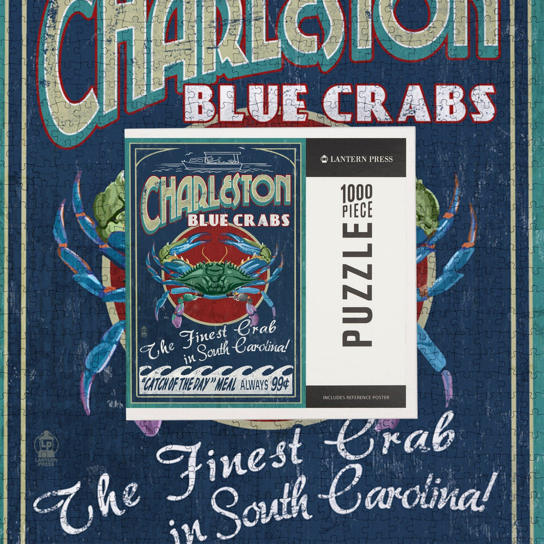 Charleston, South Carolina, Blue Crabs Vintage Sign, Jigsaw Puzzle Puzzle Lantern Press 