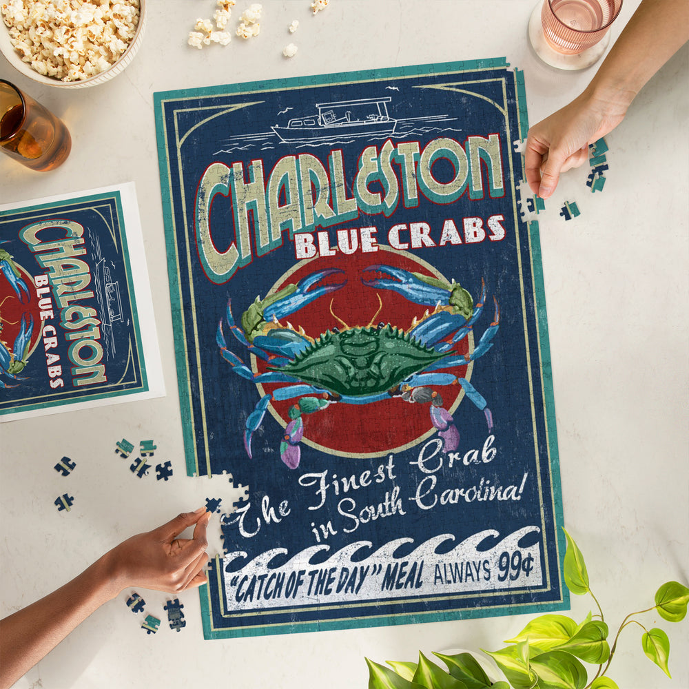 Charleston, South Carolina, Blue Crabs Vintage Sign, Jigsaw Puzzle Puzzle Lantern Press 