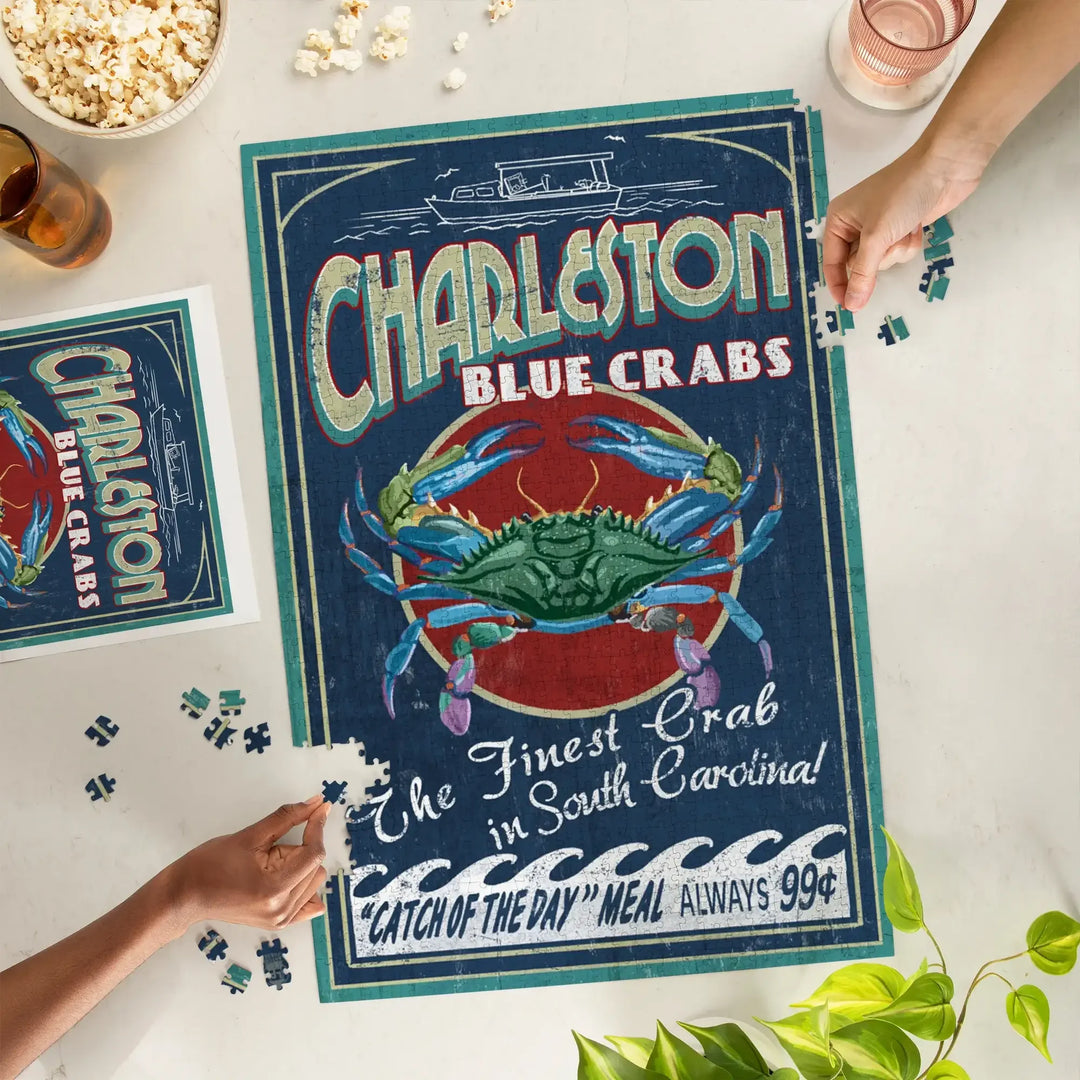 Charleston, South Carolina, Blue Crabs Vintage Sign, Jigsaw Puzzle Puzzle Lantern Press 