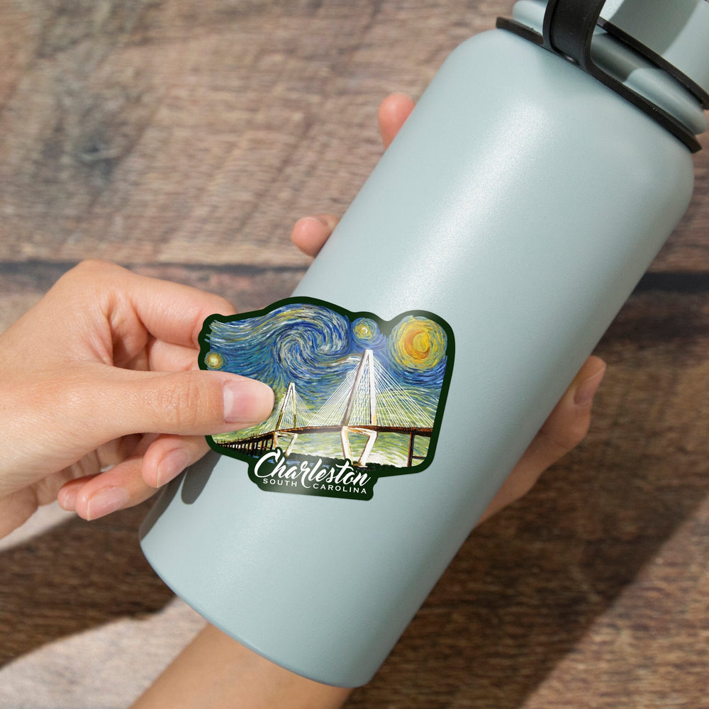 Charleston, South Carolina, Bridge, Starry Night, Contour, Vinyl Sticker - Lantern Press