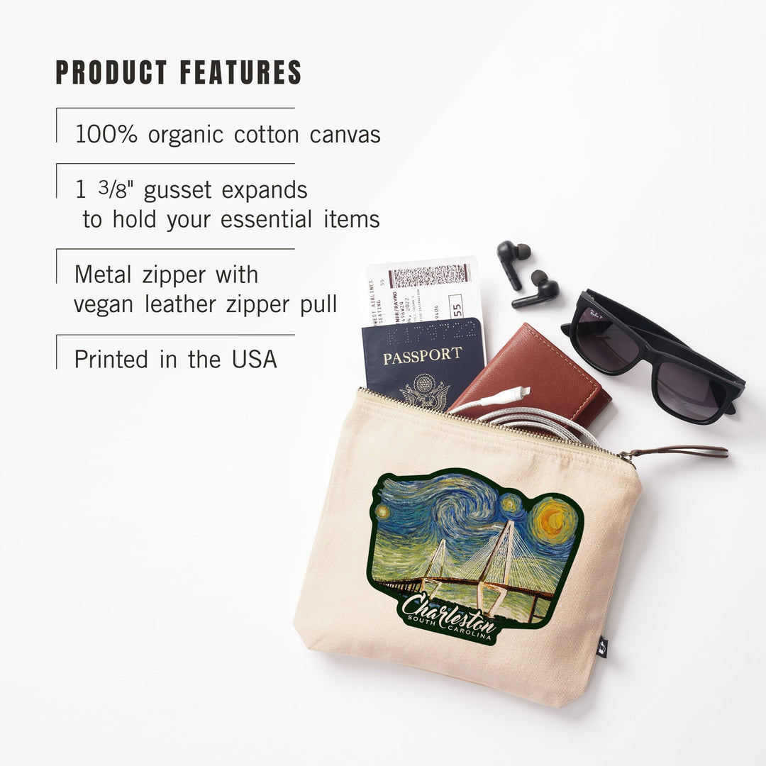 Charleston, South Carolina, Bridge, Starry Night,, Organic Cotton Zipper Pouch, Go Bag Go Bag Lantern Press 