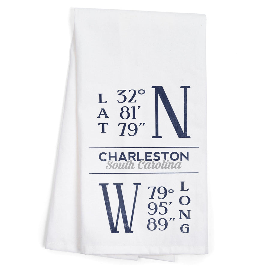 Charleston, South Carolina, Latitude and Longitude (Blue), Organic Cotton Kitchen Tea Towels Kitchen Lantern Press 