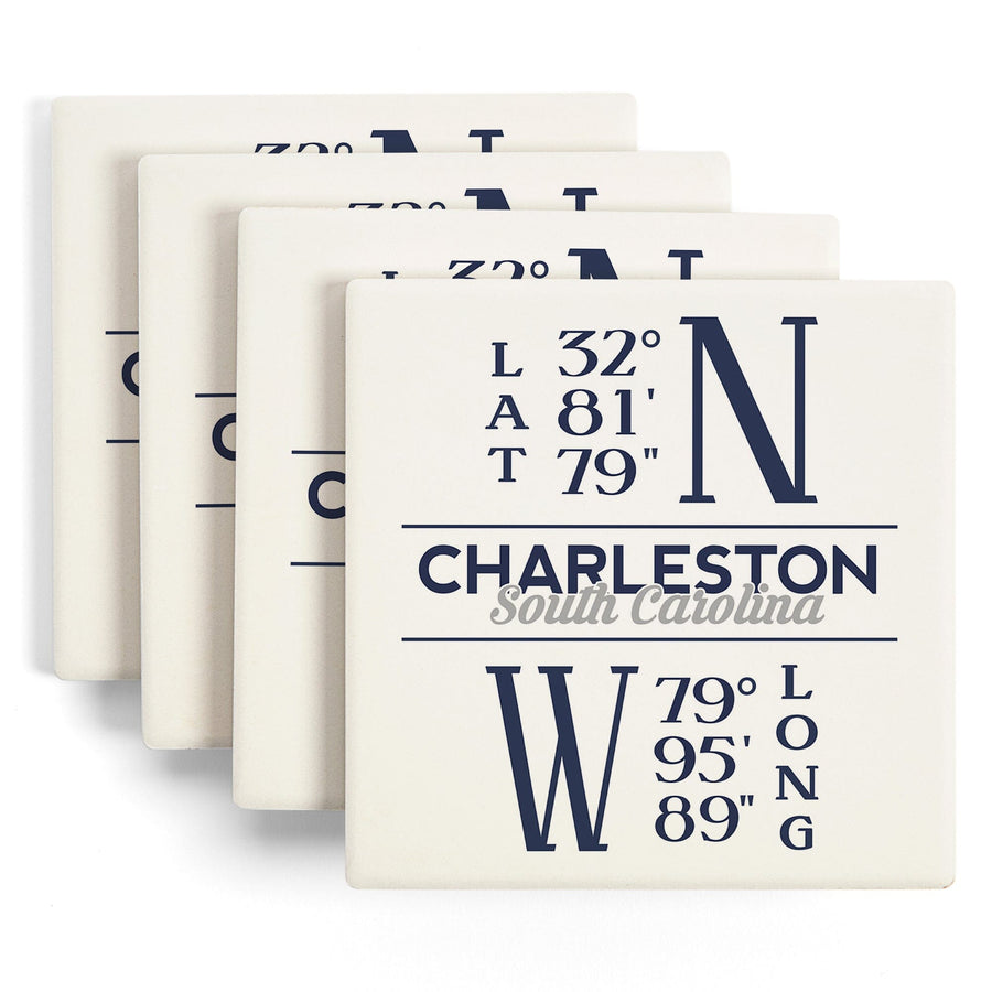 Charleston, South Carolina, Latitude & Longitude (Blue), Lantern Press Artwork, Coaster Set - Lantern Press