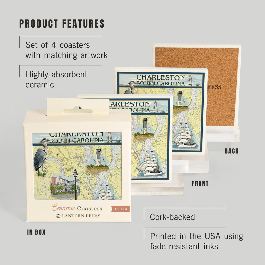 Charleston, South Carolina, Nautical Chart, Coasters Coasters Lantern Press 