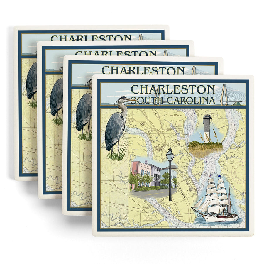 Charleston, South Carolina, Nautical Chart, Lantern Press Artwork, Coaster Set - Lantern Press