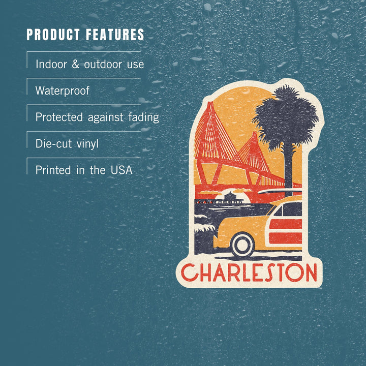 Charleston, South Carolina, Ravenel Bridge, Woodblock, Contour, Lantern Press Artwork, Vinyl Sticker Sticker Lantern Press 