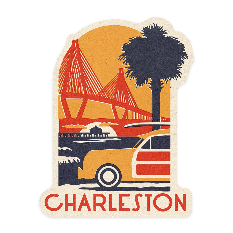 Charleston, South Carolina, Ravenel Bridge, Woodblock, Contour, Lantern Press Artwork, Vinyl Sticker Sticker Lantern Press 