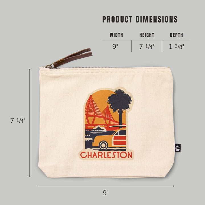 Charleston, South Carolina, Ravenel Bridge, Woodblock,, Organic Cotton Zipper Pouch, Go Bag Go Bag Lantern Press 