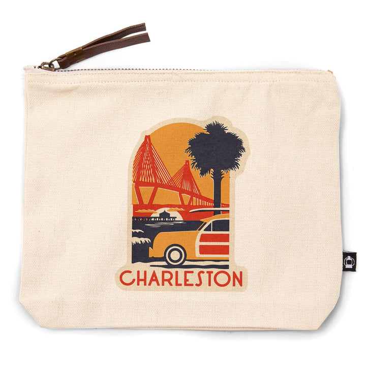 Charleston, South Carolina, Ravenel Bridge, Woodblock,, Organic Cotton Zipper Pouch, Go Bag Go Bag Lantern Press 