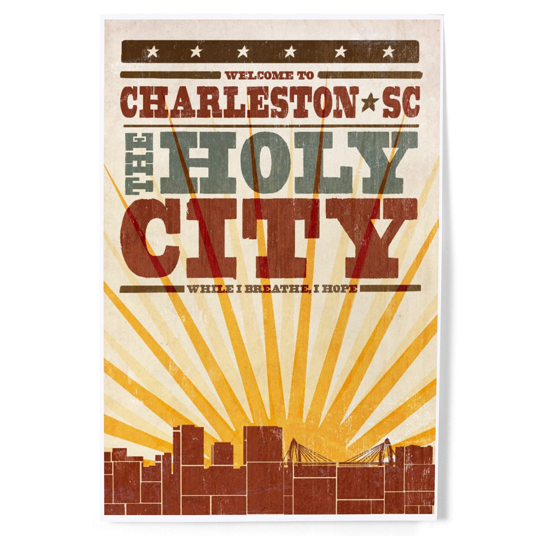 Charleston, South Carolina, Skyline and Sunburst Screenprint Style, Art & Giclee Prints Art Lantern Press 