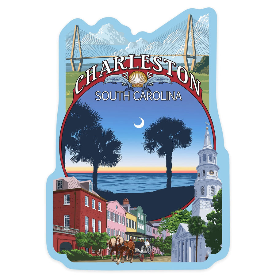 Charleston, South Carolina, Town Views, Contour, Lantern Press Artwork, Vinyl Sticker Sticker Lantern Press 