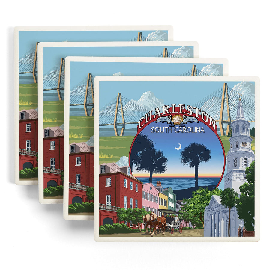 Charleston, South Carolina, Town Views, Lantern Press Artwork, Coaster Set - Lantern Press