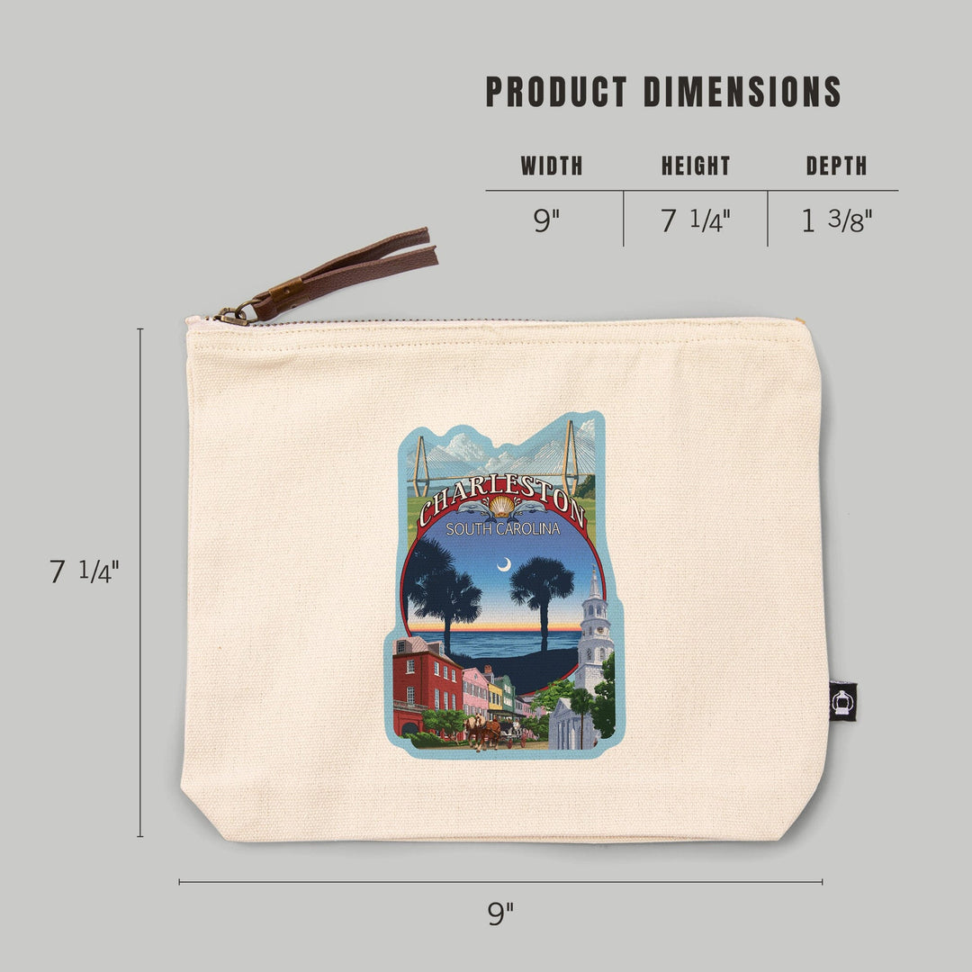 Charleston, South Carolina, Town Views,, Organic Cotton Zipper Pouch, Go Bag Go Bag Lantern Press 