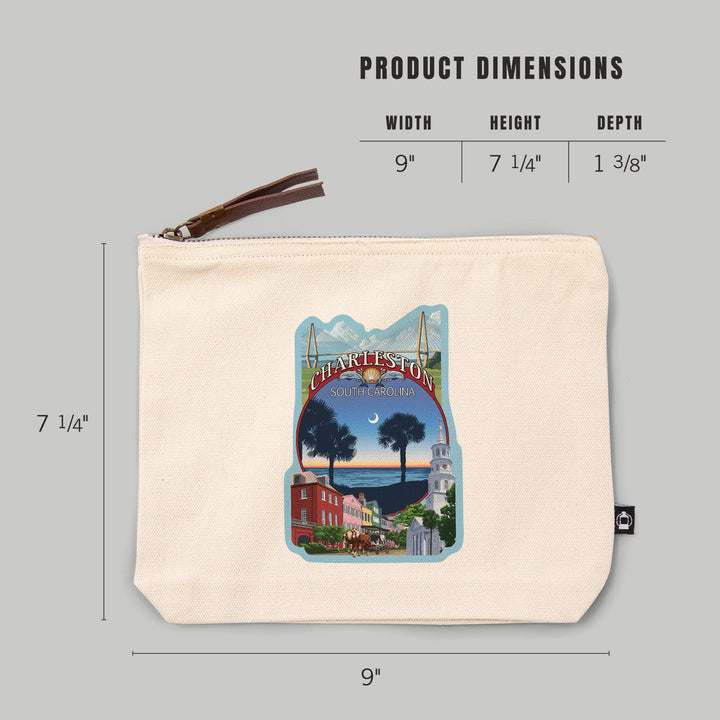 Charleston, South Carolina, Town Views,, Organic Cotton Zipper Pouch, Go Bag Go Bag Lantern Press 