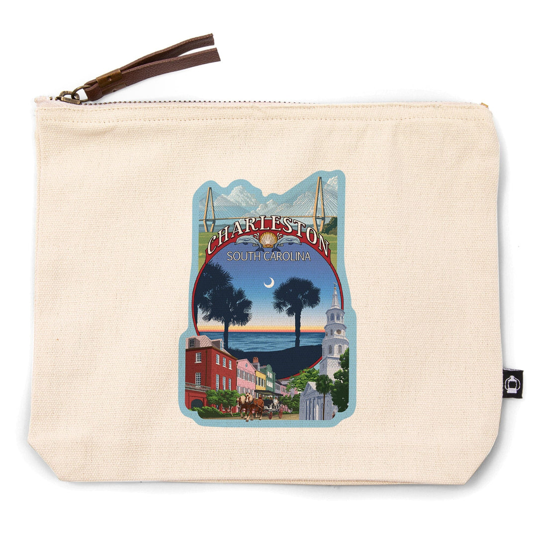 Charleston, South Carolina, Town Views,, Organic Cotton Zipper Pouch, Go Bag Go Bag Lantern Press 