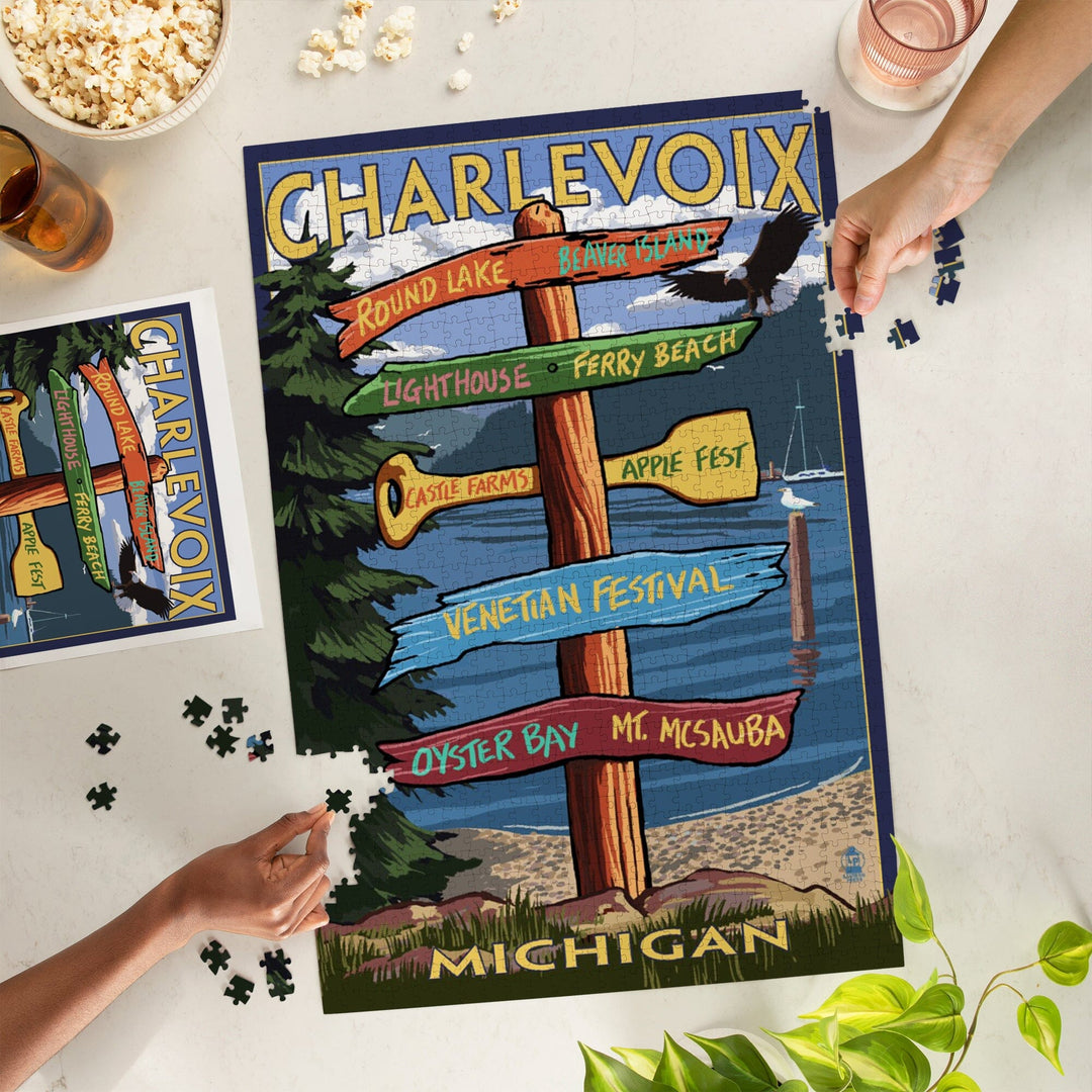 Charlevoix, Destinations Signpost, Jigsaw Puzzle Puzzle Lantern Press 