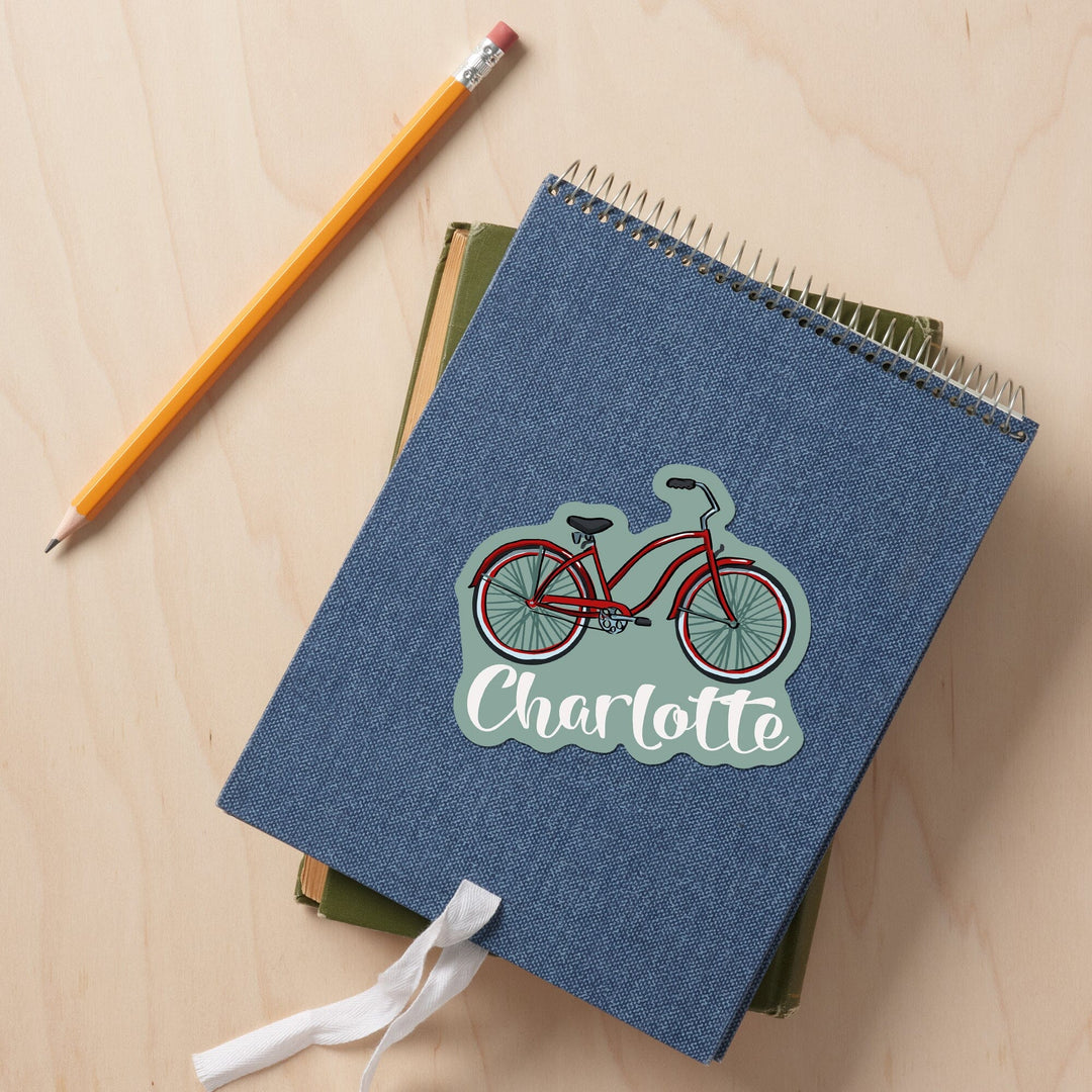 Charlotte, North Carolina, Beach Cruiser Bike, Contour, Lantern Press Artwork, Vinyl Sticker - Lantern Press