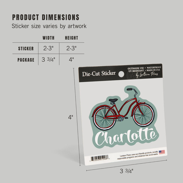 Charlotte, North Carolina, Beach Cruiser Bike, Contour, Lantern Press Artwork, Vinyl Sticker - Lantern Press