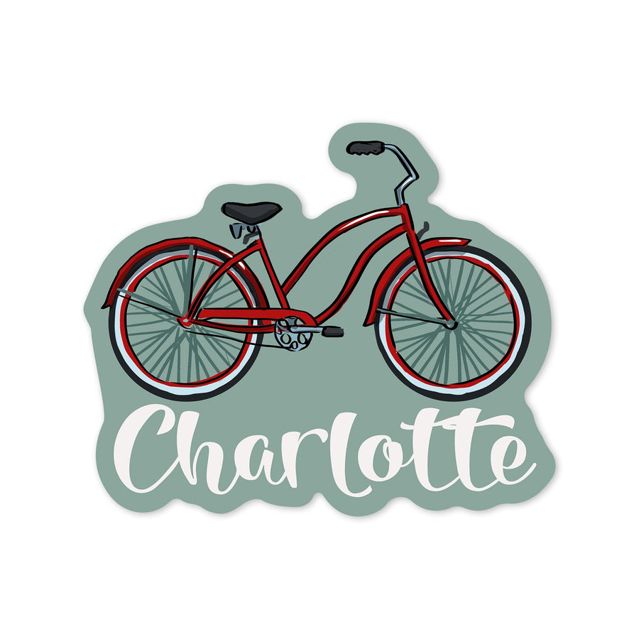 Charlotte, North Carolina, Beach Cruiser Bike, Contour, Lantern Press Artwork, Vinyl Sticker - Lantern Press