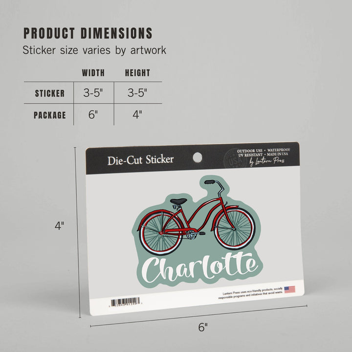 Charlotte, North Carolina, Beach Cruiser Bike, Contour, Lantern Press Artwork, Vinyl Sticker - Lantern Press