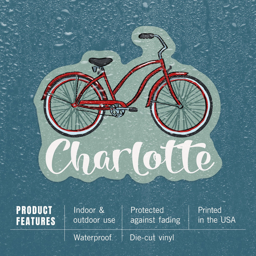 Charlotte, North Carolina, Beach Cruiser Bike, Contour, Lantern Press Artwork, Vinyl Sticker - Lantern Press