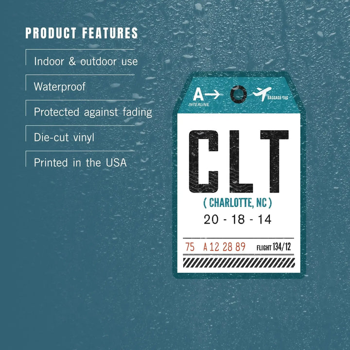Charlotte, North Carolina, CLT, Luggage Tag, Contour, Vinyl Sticker Sticker Lantern Press 