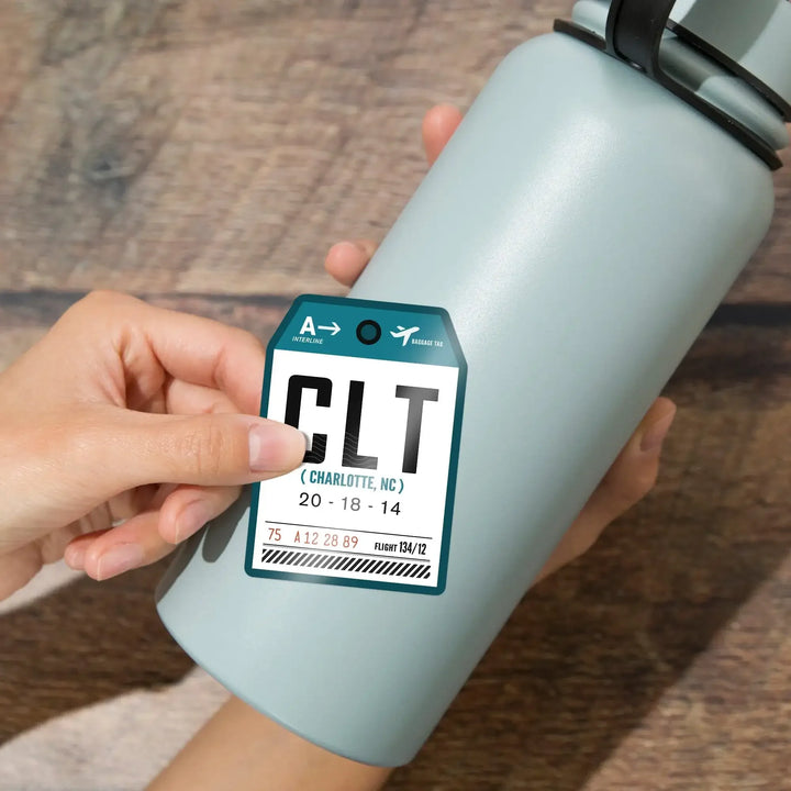 Charlotte, North Carolina, CLT, Luggage Tag, Contour, Vinyl Sticker Sticker Lantern Press 