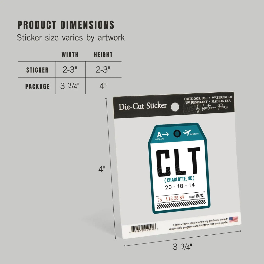 Charlotte, North Carolina, CLT, Luggage Tag, Contour, Vinyl Sticker Sticker Lantern Press 