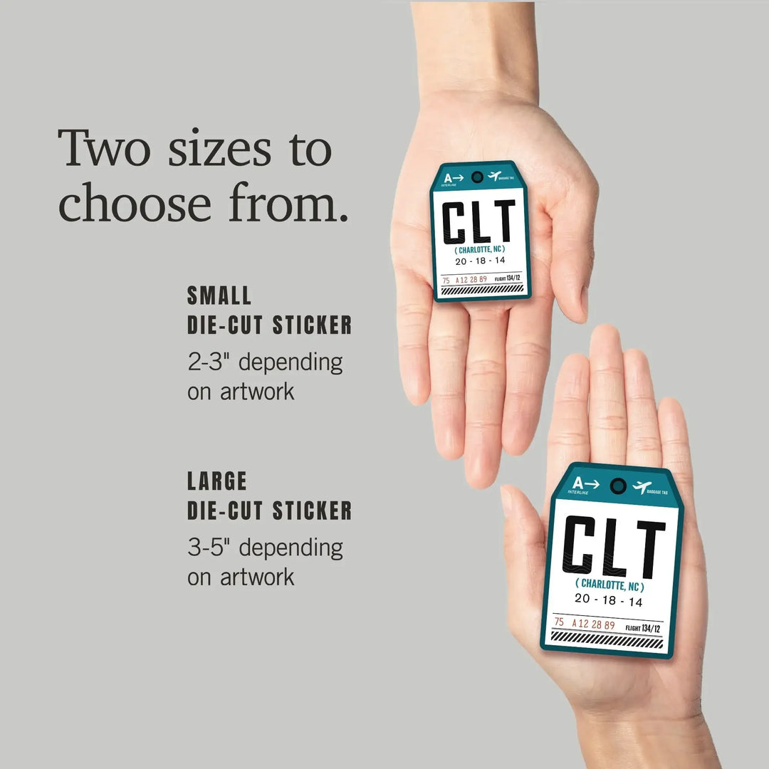 Charlotte, North Carolina, CLT, Luggage Tag, Contour, Vinyl Sticker Sticker Lantern Press 