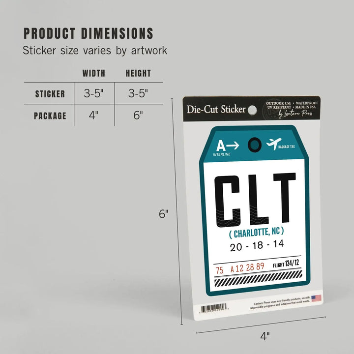 Charlotte, North Carolina, CLT, Luggage Tag, Contour, Vinyl Sticker Sticker Lantern Press 