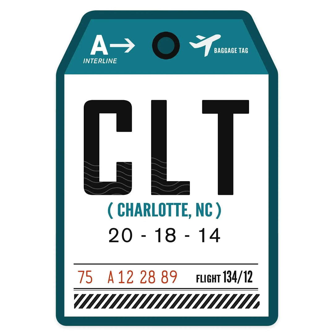 Charlotte, North Carolina, CLT, Luggage Tag, Contour, Vinyl Sticker Sticker Lantern Press 