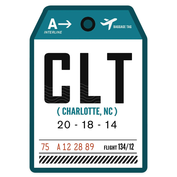 Charlotte, North Carolina, CLT, Luggage Tag, Contour, Vinyl Sticker Sticker Lantern Press 