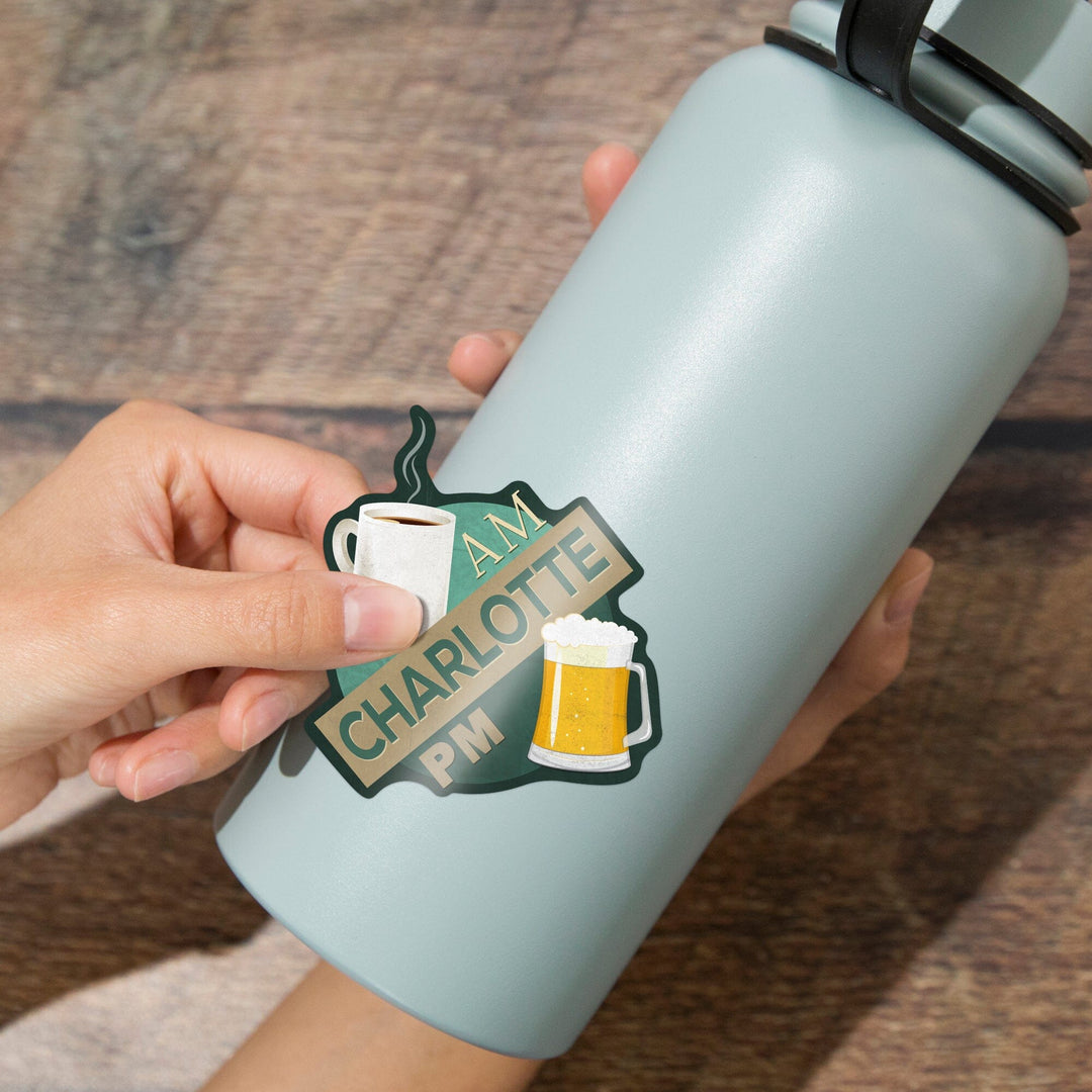 Charlotte, North Carolina, Coffee AM Beer PM, Contour, Vinyl Sticker Sticker Lantern Press 