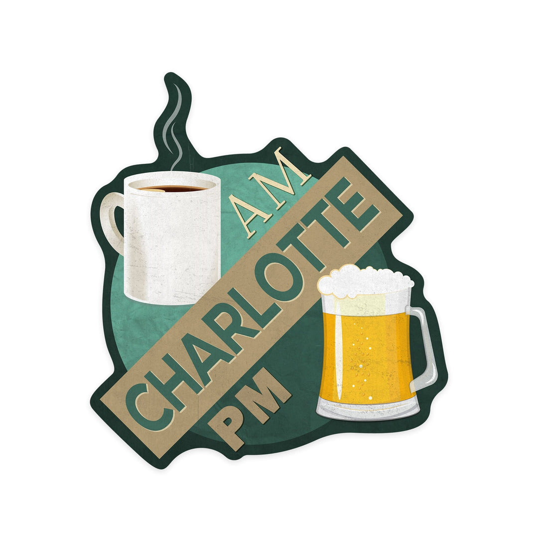 Charlotte, North Carolina, Coffee AM Beer PM, Contour, Vinyl Sticker Sticker Lantern Press 