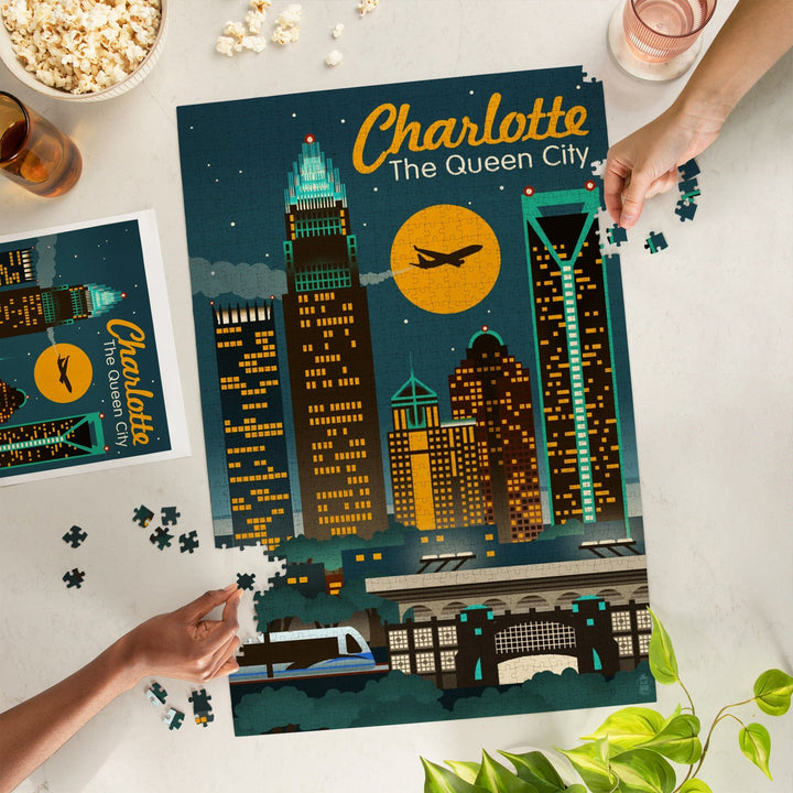 Charlotte, North Carolina, Retro Skyline, Jigsaw Puzzle Puzzle Lantern Press 