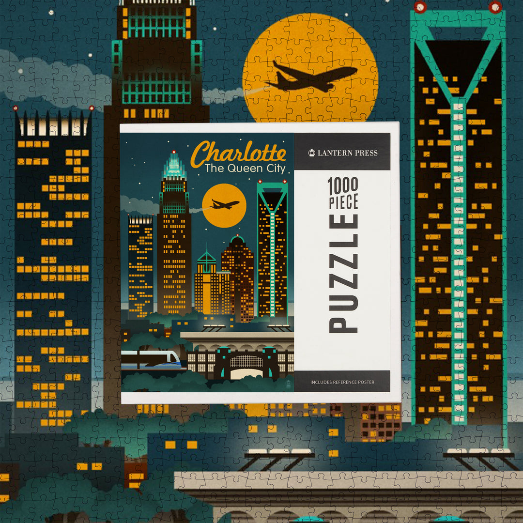 Charlotte, North Carolina, Retro Skyline, Jigsaw Puzzle Puzzle Lantern Press 