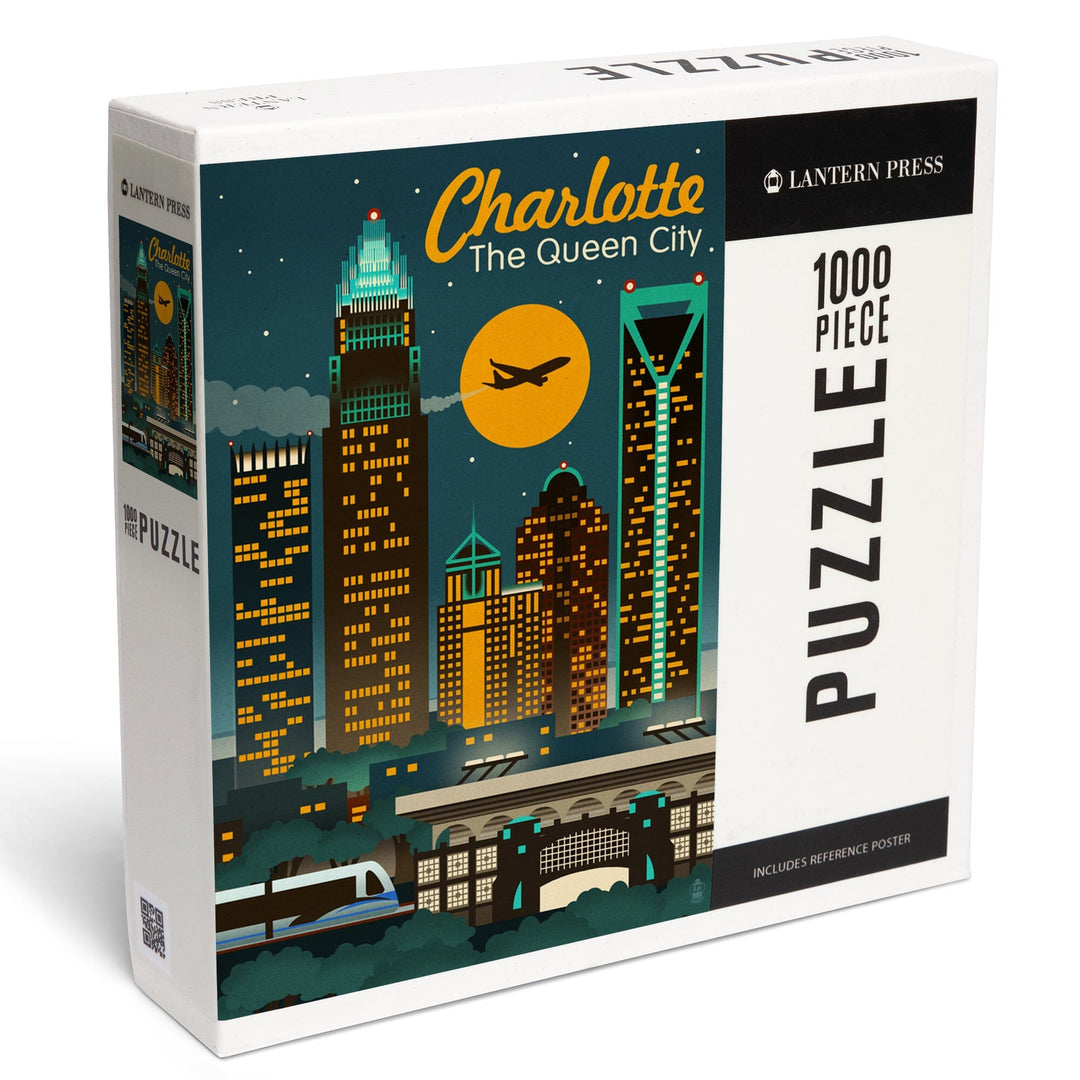 Charlotte, North Carolina, Retro Skyline, Jigsaw Puzzle Puzzle Lantern Press 